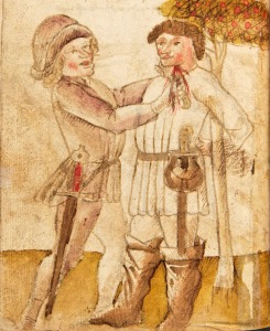I guess there have always been bullies. This is a bad knight robbing a rich peasant - you can tell by his money bags (which is wierd, because how many peasants have big money bags? Had he just had a visit from Robin Hood or something?). 